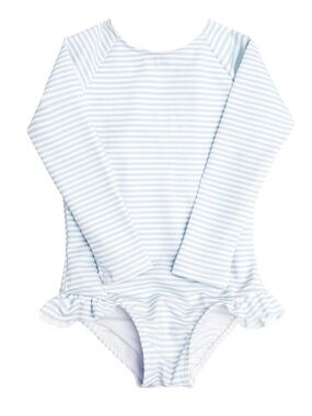 Minnow Long-Sleeve Stripe One-Piece Swimsuit in Powder Blue 2T
